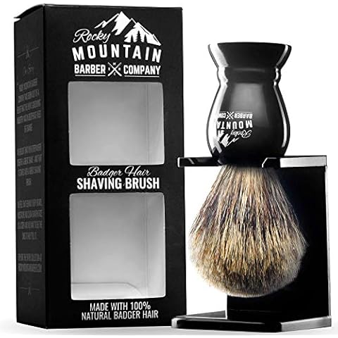 Shaving Brush with Stand - Rocky Mountain Barber Pure 100% Best Badger Hair Barber Grade with Black Heavy Duty All-Resin Handle and Oversized Bristle Head For Better Shaving Cream Lather Cover