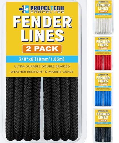 2 Pack 3/8 x 6 Boat Fender Lines for Mooring Docking Ties & Small Boat Premium Marine- Grade Double Braided Nylon Boat Rope with a 5 Eyelet Anti-Wear & Weather-Resistant-Black
