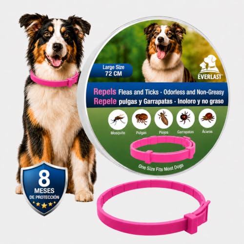 Tempotech Pack 2 Collares Antiparasitarios para Perros - Protección contra Pulgas, Garrapatas y Mosquitos hasta 8 Meses - Impermeable, Ajustable y Cómodo (2, Rosa, 72CM)