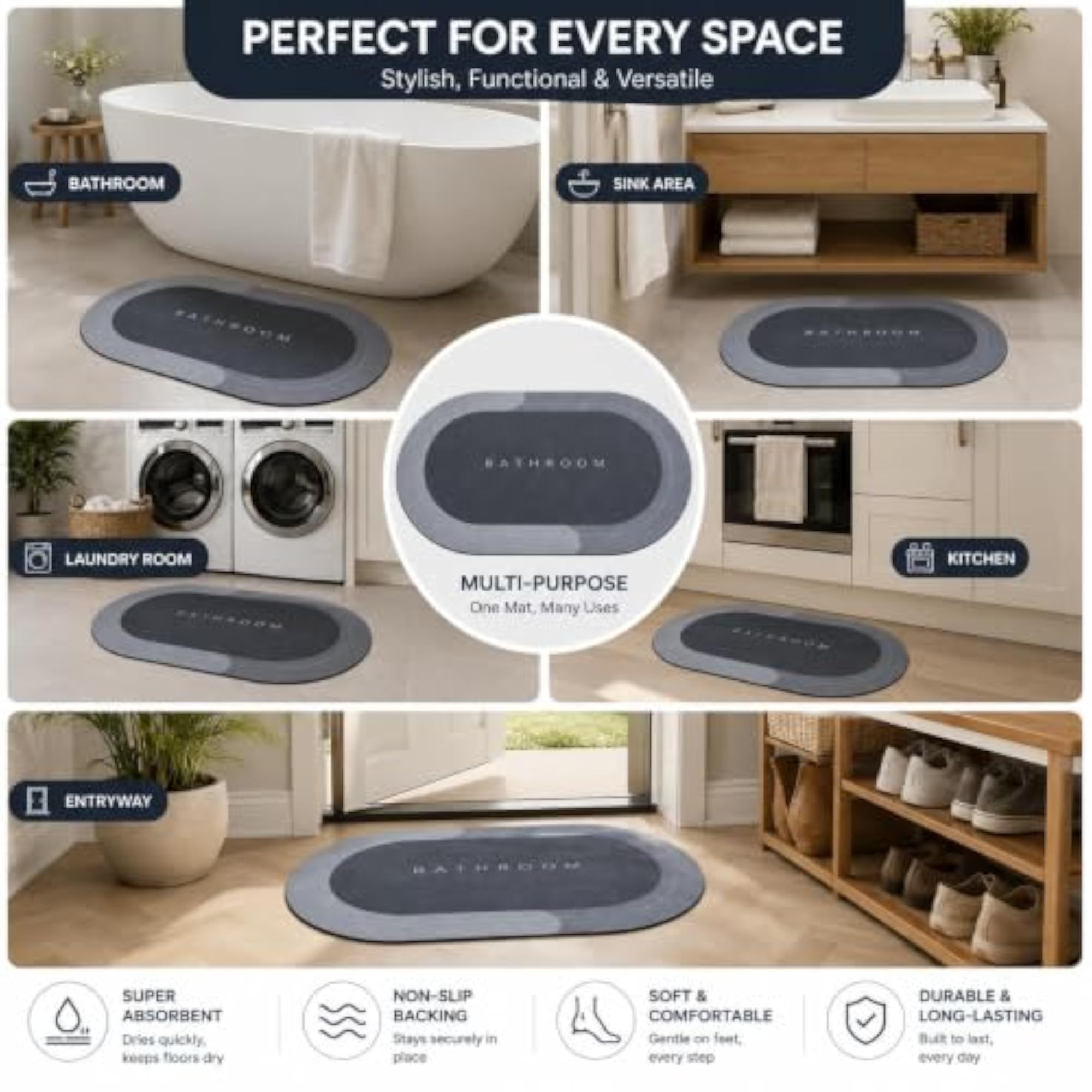 2 Pcs Super Absorbent Bathroom Mat Non Slip Quick Dry