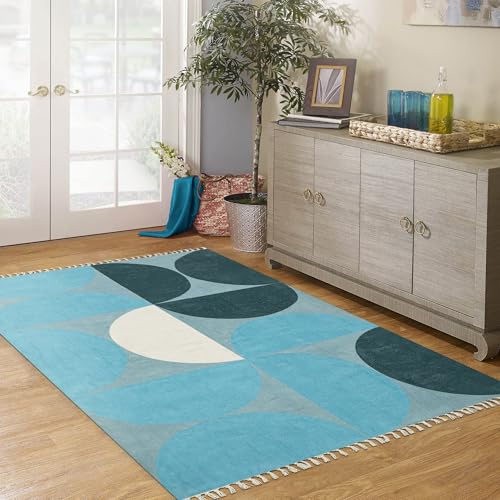 Tapis Kilim en coton imprimé géométrique bleu et vert doux et durable - 3