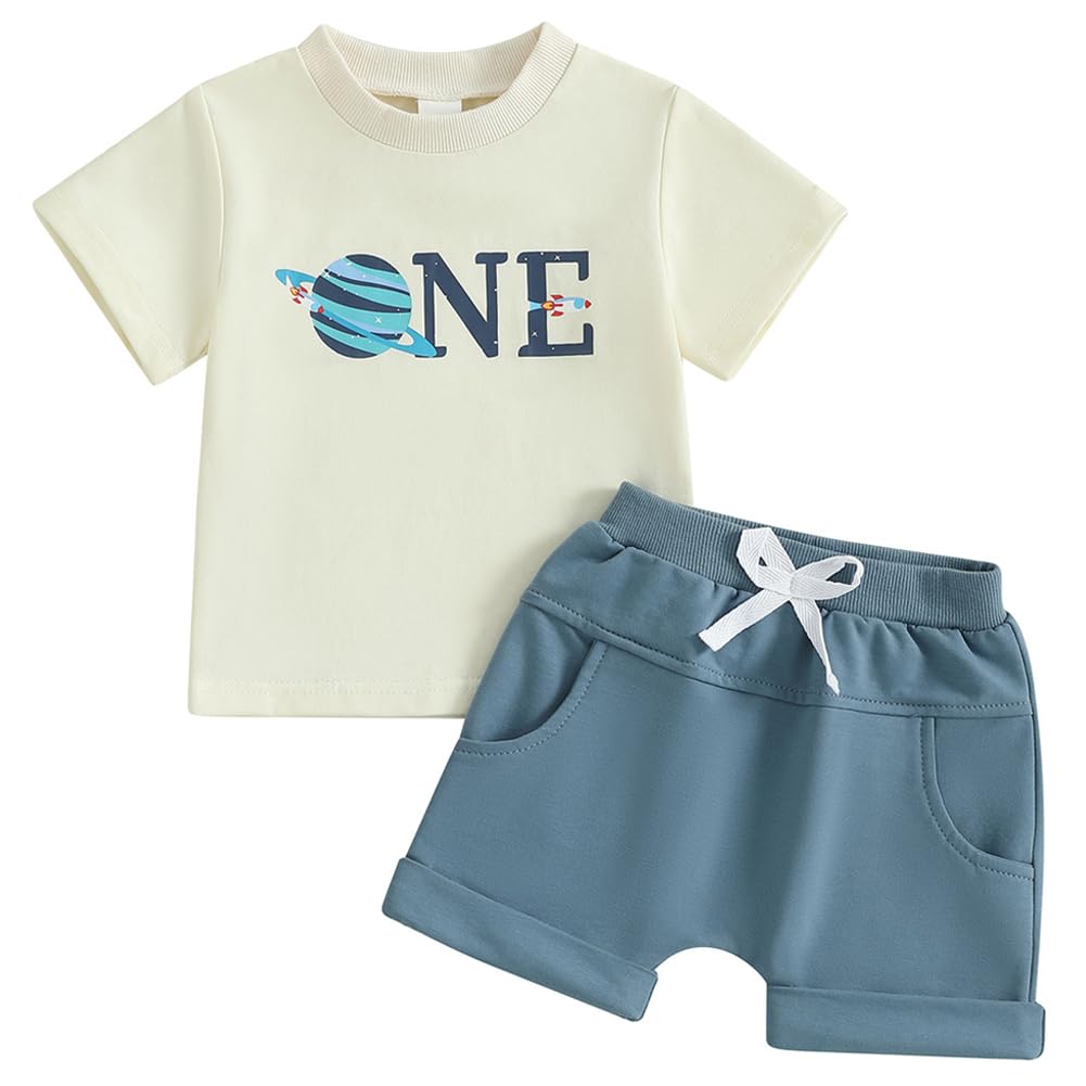Pudcoco Toddler Baby Boys First Birthday Outfit 1st Birthday Clothes Space One T-shirt and Shorts Set (Blue, 12-18 Months)