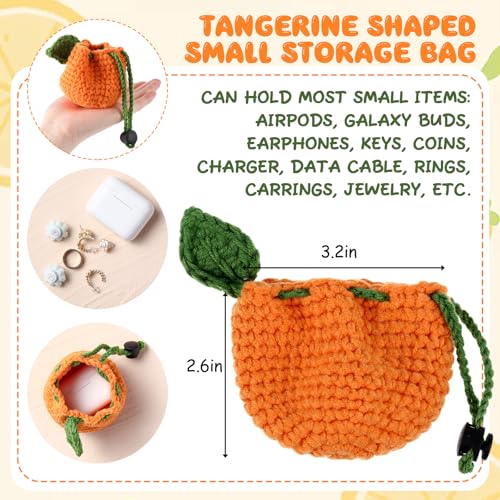 Lyrow 2 Pcs Small Crochet Purses Handmade Cute Coin Purse Tangerine Shaped Storage Bag Mini Drawstring Change Pouch Knitting Woven Wallet for Women Keychain Earbuds Dice, Orange and Yellow2