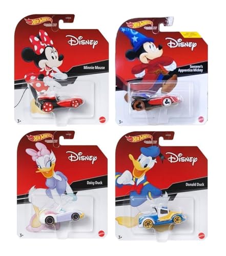 Hot Wheels Disney Character Cars Collection, juego de 4, Minnie Mouse, aprendiz de brujo, Mickey Daisy Duck, Donald Duck, a partir de 3 años HDL35-956C