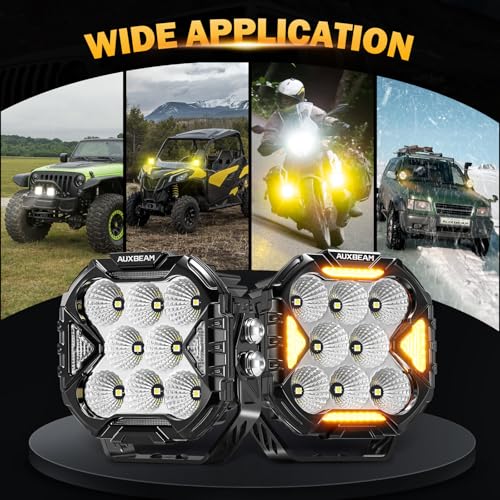 Image of Auxbeam Cube-Z Series 4 inch Led Pods with Amber Covers, 112W 12800LM Flood Offroad Driving Lights with DRL Turn Signal, Cube Ditch Lights with DT Wiring Harness for Jeep Offroad ATV UTV, Pair