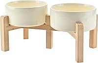 SPUNKYJUNKY Elevated Ceramic Dog Bowls 6.1" Raised Bamboo Stand 28.7oz - Adjustable Height, Non-Slip, Microwave Dishwasher Safe for Medium Pets, Beige