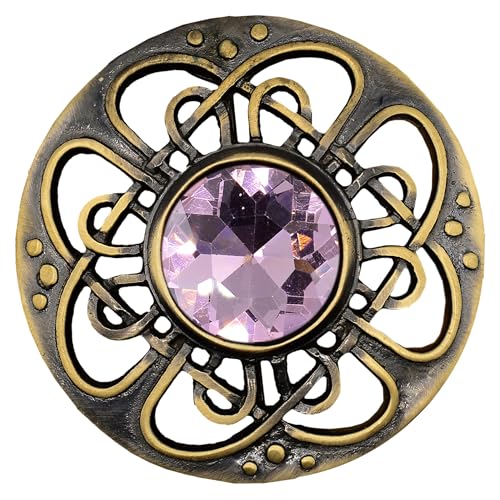 Image of Elegant Culloden Plaid Brooch - Scottish Kilt Fly Plaid Brooch Intricate Celtic Knot in Pewter with Gemstone 3-Inch Diameter - Ideal for Scottish Kilts & Formal Wear