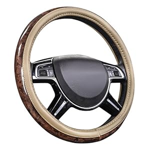 CAR PASS Wood Grain 14.5-15 inch Microfiber Leather Steering Wheel Cover, Anti-Slip Veins Design Steering Wheel Universal Fit for Most Cars, Sedans, SUVs, MiniVans, Small Trusks, Beige