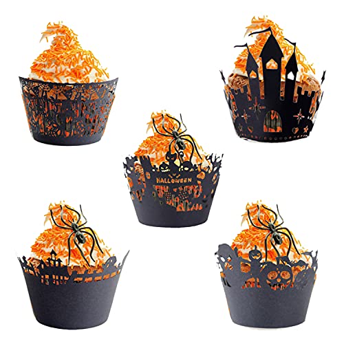 Ellxen 100 Stück Cupcake Wrappers Halloween Cupcake Formen Papierkuchen Muffin backen Muffinförmchen Papier Schwarz Für Kuchen Muffin Halloween Party Tisch Dekoration Cover