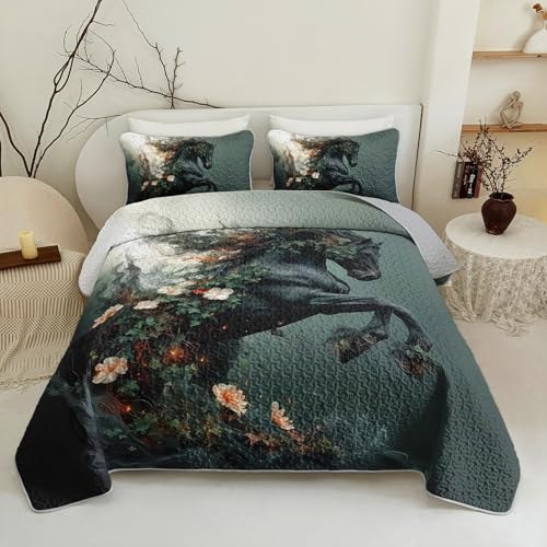 lneffble Queen Lightweight Quilt Black Horse Floral，Queen