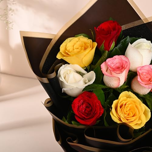 Image of FlowerAura Premium Fresh Live Flower Bouquet of 8 Mix Roses In Designer Paper Gift For Birthday | Anniversary | Love | Home Decor | Fathers Day Gift For Dad (Same Day Delivery)