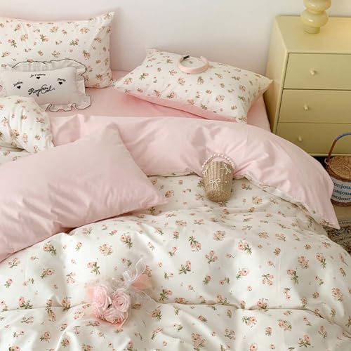 Image of Nayoroom Pink Floral Duvet Cover Queen Size Reversible Green Botanical Leaf Printed on White Spring Comforter Cover 3Pcs Soft Microfiber Aesthetic Cottagecore Bedding Set Gift for Women Girls
