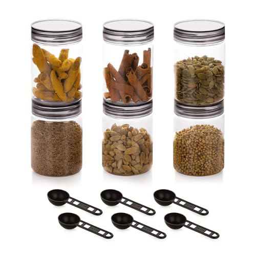 Image of Homeor Plastic Storage Jar & Containers With Spoon, Airtight & BPA Free Containers for Kitchen Storage, Grocery Kitchen Container, Multipurpose Jar, Fridge Storage Container, 300 ML Set 6, Black