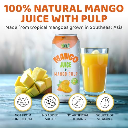 Image of Vinut 100% Mango Juice with Pulp (16.57 fl oz, Pack of 6), No Sugar Added, All Nature Mango Juice, Not From Concentrate, Gluten Free, GMO-Free, High Calcium, Iron
