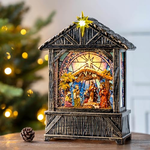 Christmas Snow Globe Lantern Indoor Decor,Christmas Nativity Scenes Manger for Xmas with Music,6H Timer,USB or Battery Operated Lighted Lantern for Christmas Festival Decoration Gifts