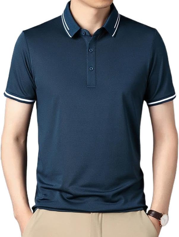 Mens Silk Blend Polo Shirts Short Sleeve Casual Business Golf T-Shirts Classic Fit Soft Tops