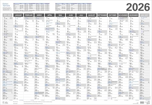 Kleiner Wandtimer 2026: 14 Monate (Dezember 2025 - Januar 2026) / Ferientermine und Feiertage / 68 x 47 cm