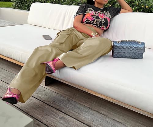 Satin Cargo Pants for Women High Waisted Wide Leg Trouser Multiple Pockets3