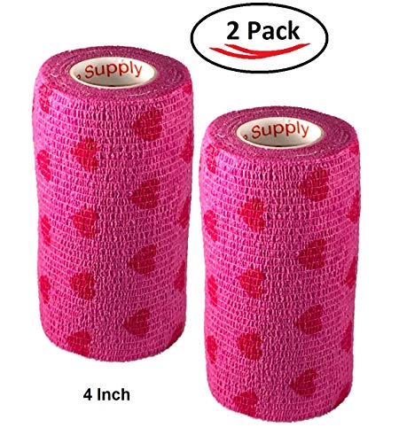 Image of Vet Wrap Tape (Pink with Hearts) (2 Pack) (4 Inch x 15 feet) Self Adhesive Adherent Adhering Cohesive Flex Self Stick Bandage Grip Roll Dog Cat Pet Horse