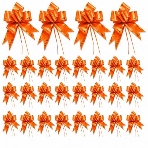 Image of Prokart - Pull Bow Gift Ribbon for Gift Wrapping, Large Decorative Pull Bows for Presents, Hampers, Flower Bouquets, Wedding, Birthday, Christmas & Party Decorations (30MM, Orange, Pack of 50PC)