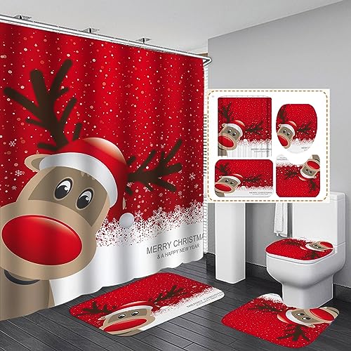 Christmas Shower Curtain Sets for Bathroom 4Pcs Xmas Shower Curtain/Non-Slip Bathroom Rugs/Lid Toilet Cover/Bath Mat Merry Christmas Funny Santa Claus Elk Snowman Carpet Decor(Christmas - 002)