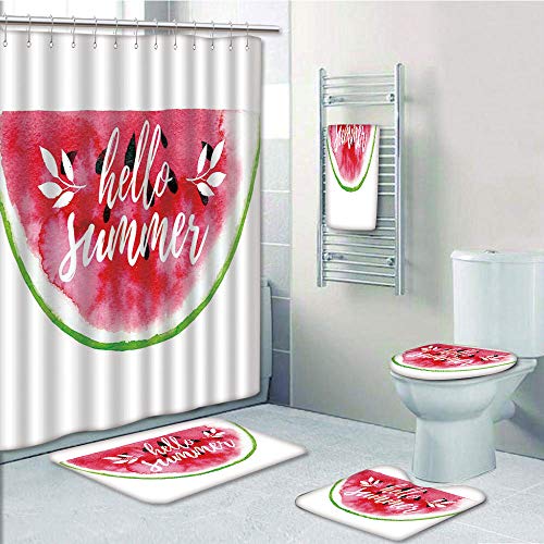Bathroom 5 Piece Set Shower Curtain 3d Print Lifestyle Decor Watercolor Watermelon Figure With Hello Summer Motivation Quote Paint Print Red Green Bath Mat Bathroom Carpet Rug Non Slip Bath Towls Wantitall