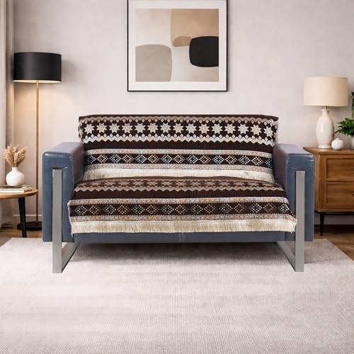 Image of Elegant Woven Brown Sofa Cover - Soft Chenille Traditional Pattern with Lace Style | L-Shape Sectional Seat Protector for Living Room | Durable & Stylish Slipcover 2 Seater Sofa
