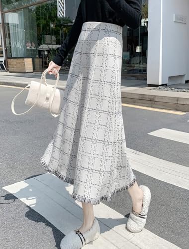 chouyatou Women's Elegant Plaid Tassels Fringe Tweed Skirt Knit Elastic High Waist A Line Midi Skirt4