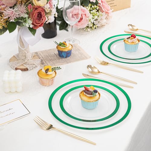 U-QE 200PCS Clear Green Plastic Plates - Green Plates Disposable Heavy Duty- Include 100 10” Dinner and 100 7” Dessert Platos, Perfect for Party, Wedding