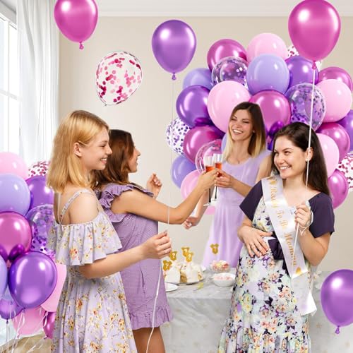 Image of 61pcs Pink and Purple Balloons, 12 Inch Purple Pink Confetti Balloons, Metallic Balloon with Ribbon for Bridal Baby Shower Wedding Women Birthday Party Decorations