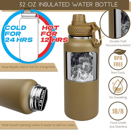 Image of 32 Oz Water Bottle with Sleeve - Insulated Bottle with Strap Stainless Steel Gym Water Bottles for Men Sports Workout Hiking Khaki