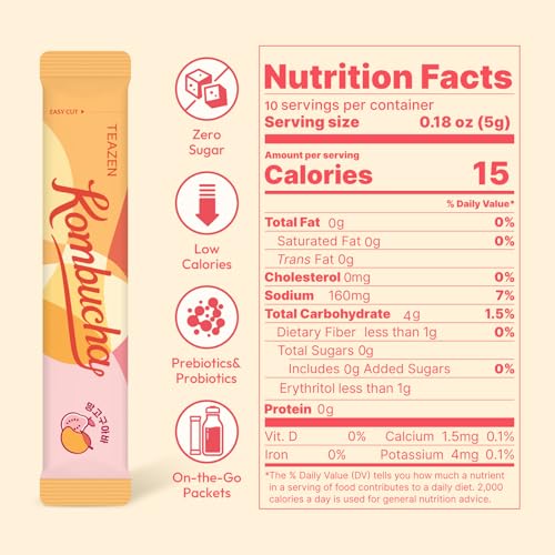 Image of TEAZEN Mango Guava Kombucha Powder, Hydration Drink Mix, Sugar Free, Live Probiotics & Prebiotics, On-the-Go 10 Packets, 1.76oz