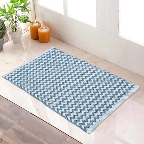 Image of THE HOME TALK Zig Zag Cotton Area Rug - Carpets Suitable for Living Room, Bedroom, Dining Room, Home Decor - Handcrafted Traditional Rectangular Rugs - Non-Skid | 2' X 5' - Ash Blue