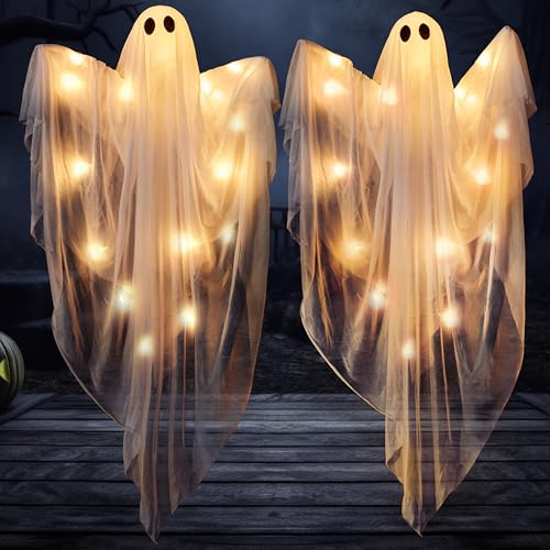 JOYIN 2 Pcs 47 Halloween Light up Hanging Ghost Decorations Outdoor Halloween Flying Hanging Ghosts with Warm LED Lights and Timer for Haunted House Prop Front Yard Patio Party Decor Indoor Outdoor
