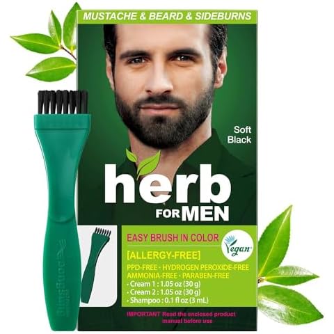 Herb For Men Mustache & Beard Dye (Soft Black, 1 Pack), PPD-Free Ammonia-Free, Vegan with Natural Ingredients, Odorless, Gentle for Sensitive Skin, No Skin Irritation Cover