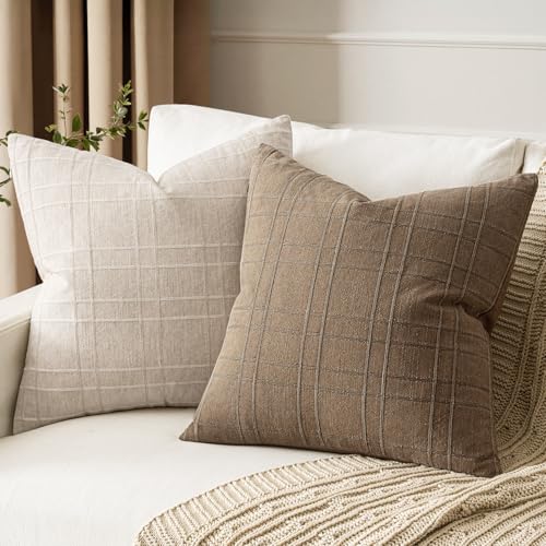 Image of MIULEE Decorative Linen Check Euro Shams Throw Pillow Covers Neutral Farmhouse Vintage Pillow Covers 22x22 Set of 2 Boho Modern Winter Home Decor for Sofa Couch Bedroom Cushion Light Brown