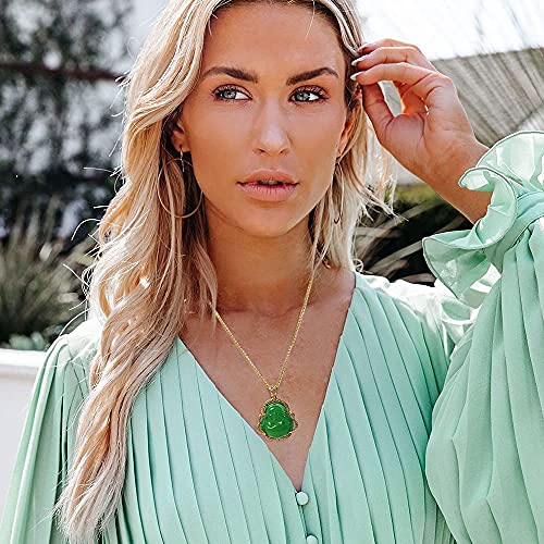 Asgift Good Luck Laughing Buddha Necklace Luxury Green Jade Buddha Statue Cubic Zirconia Pendant With 18K Gold Plated Chain Dainty Crystal Buddah Necklaces Jewelry Gifts #TOP4