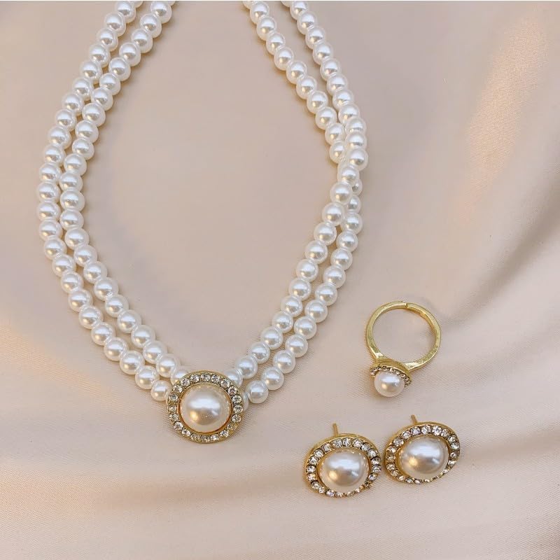 Pearl Jewelry Set for Women Elegant Necklace Earrings Rings Bracelet Prom Party Jewelry - Image 4
