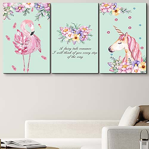 Wall26 Canvas Print Wall Art Set Unicorn & Flamingo With Flowers & Typography Animals Wildlife Illustrations Modern Art Rustic Colorful Multicolor For Living Room, Bedroom, Office - 16"X24"X3 #TOP1