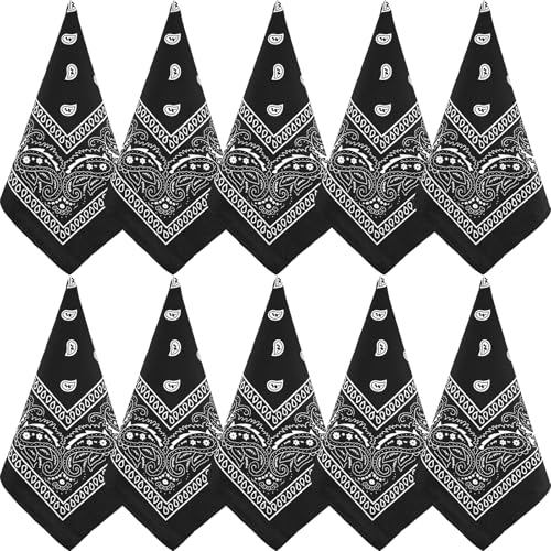 NACHLYNN Lot de 10 bandanas cachemire assortis en polyester - Foulard carré, Noir , 22 x 22 Zoll