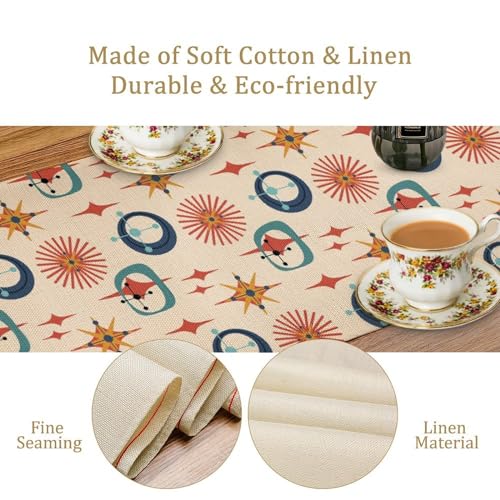 Image of Mid Century Modern Table Runner Abstract Style Colorful Geometric Atomic Star for Kitchen Dining Room Holiday Washable Quick Dry 13x36 Inch
