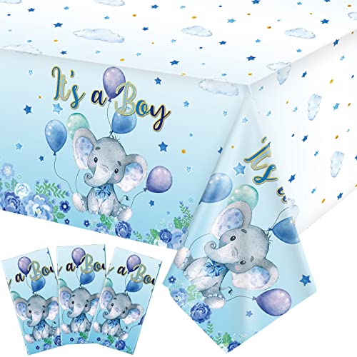 Image of Moukeren 3 Pack Elephant Tablecloth Baby Shower Decorations Plastic Table Cover Rectangle Table Decors for Boy Girl Gender Reveal Birthday Party Supplies, 54 x 108 Inch (Blue,Boy)