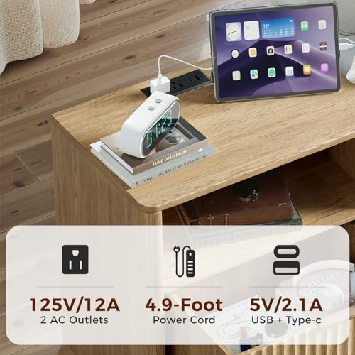 Image of Evermagin Fluted Nightstand Set of 2 with Charging Station, Natural Oak Bedside Table with Drawer and Storage, Wood End Table Mid Century Modern, Large Night Stand for Bedroom