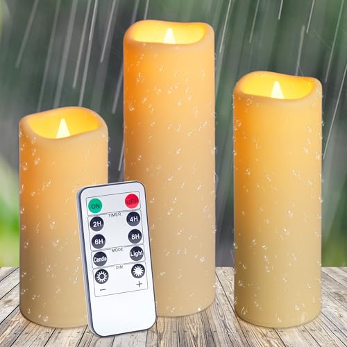 Auralome LED Kerzen Timerfunktion Outdoor - Wasserdicht Timer Fernbedienung Flammenlose Große Kerze Set D5.5 cm Flamme Batterie Elektrische Stumpenkerzen Flackernde Außen Fake Kerzen Weiß Deko 3 Stück