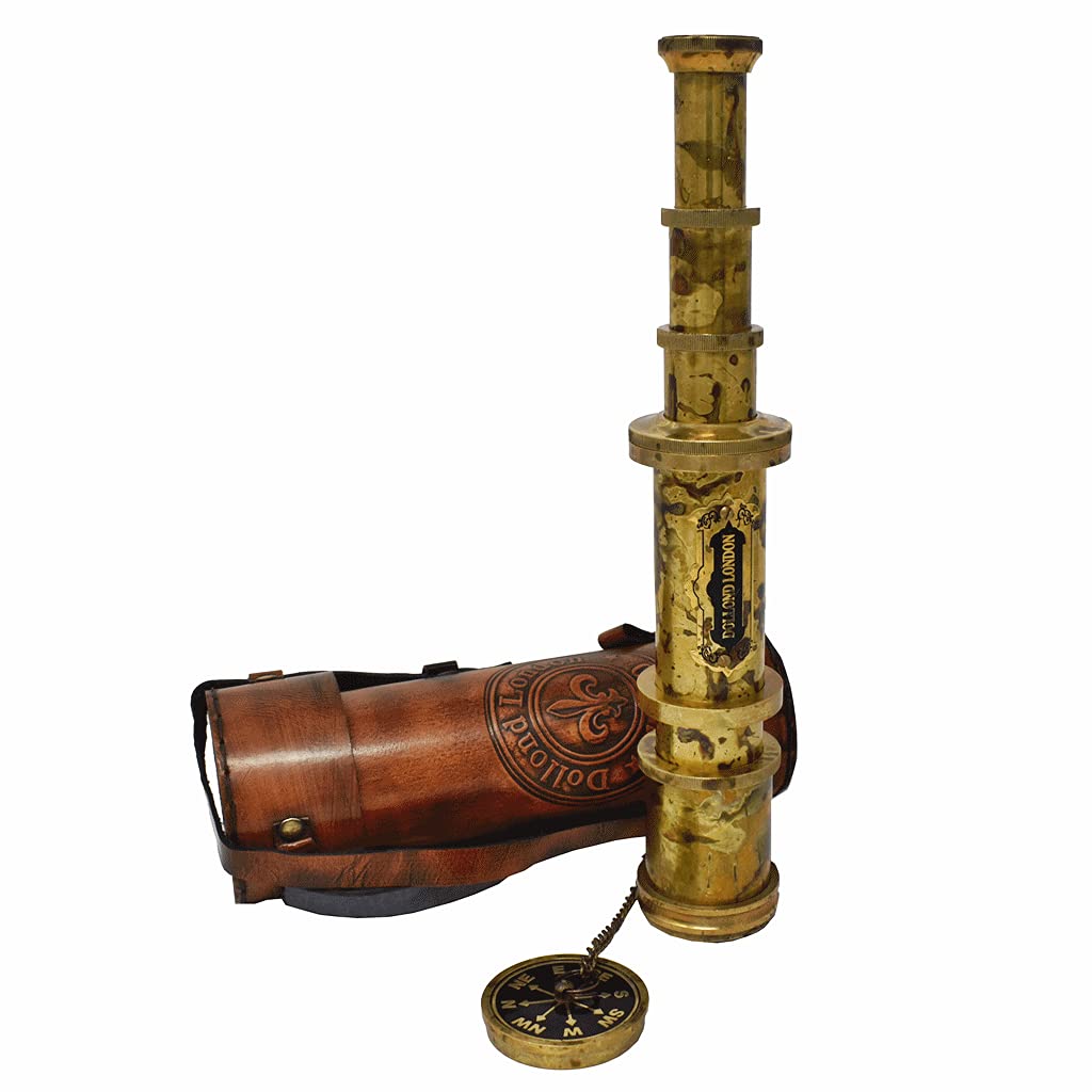 Telescopio pirata de latón antiguo, accesorios de campamento, telescopio para adultos, espionaje de marinero marino, 18 pulgadas, latón hecho con aumento de alta resolución con estuche de cuero 3