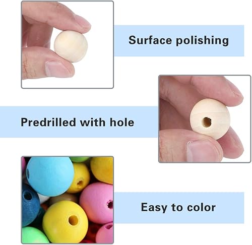 Miniatura 4 de 800 cuentas de madera para manualidades, 7 tamaños de cuentas de madera natural sin terminar a granel, 0.236 pulgadas, 0.315 pulgadas, 0.472