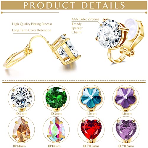 HAIAISO Clip On Earrings Set for Women - Non-Pierced CZ Heart, Butterfly, Flower Earrings - Hypoallergenic, Vibrant Color Birthstone Clip Ons2