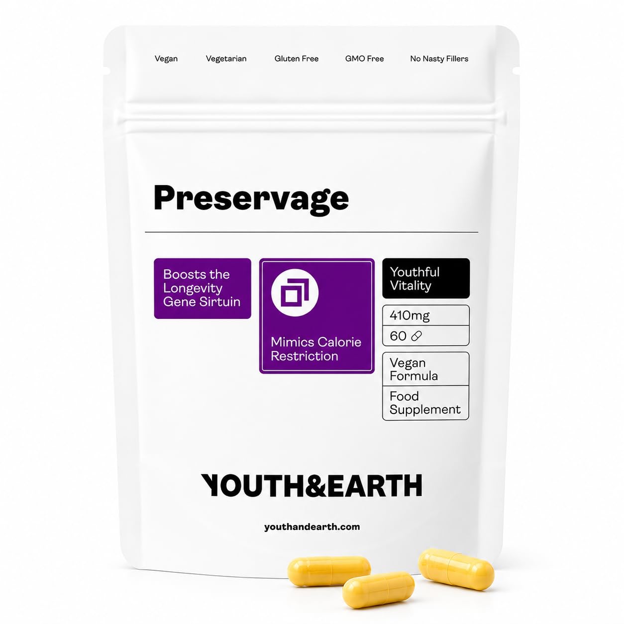 Youth & Earth Preservage | Miscela Di Resveratrolo, Curcumina, Quercetina E Bioperine | Integratore Naturale Anti-Età | Antiossidante ad Alto Potenziale | 60 Capsule Vegane | 410mg | Prodotto In UE