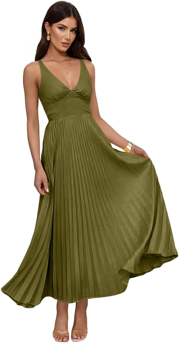 Women's Pleated Bridesmaid Dresses for Wedding V Neck Adjustable Straps Maxi Formal Party Dress