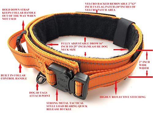 Dog Collar With Control Handle Quick Release Metal Buckle Heavy Duty Military Style 2" Width Nylon With Usa Flag For Handling And Training Large Canine Male Or Female K9 #TOP1